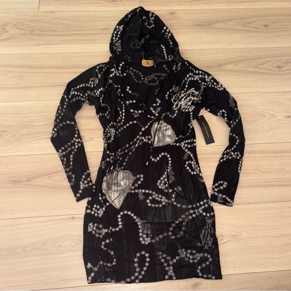 Christian Audigier NTW Black and White Diamond Hooded Dress